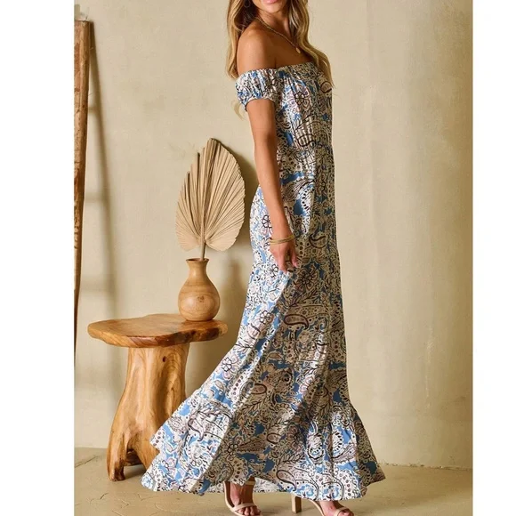 Boho Paisley Floral Print Off Shoulder Maxi Dress - Picture 6 of 9